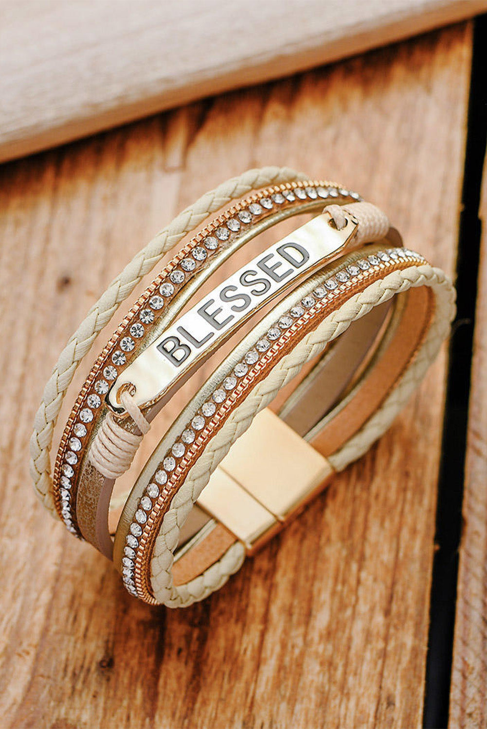 Beige BLESSED Rhinestone Braided Detail Buckle Bracelet